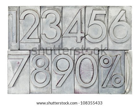 numbers from zero to nine and percent symbol  in vintage metal type isolated on white Royalty-Free Stock Photo #108355433