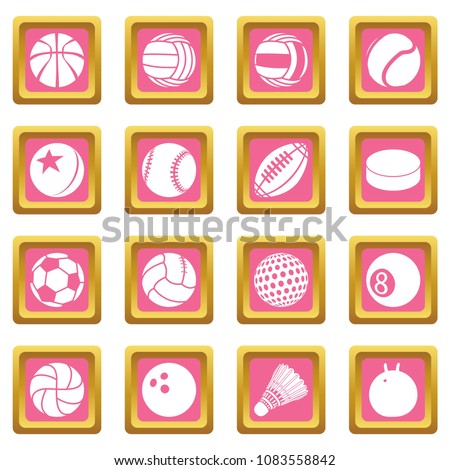 Sport balls icons set vector pink square isolated on white background 