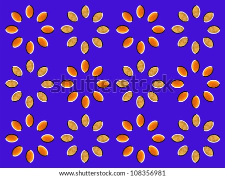 Optical illusion: rotation of circles made from dried fruits (apricot and pear) isolated on blue background
