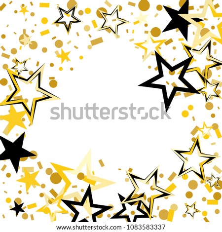Spades shaped frame or border Christmas gold and black stars confetti falling isolated on white.