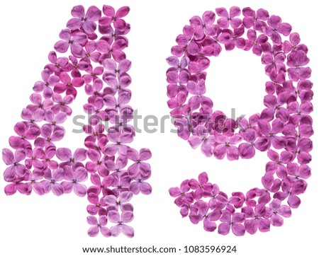 Arabic numeral 49, forty nine, from flowers of lilac, isolated on white background