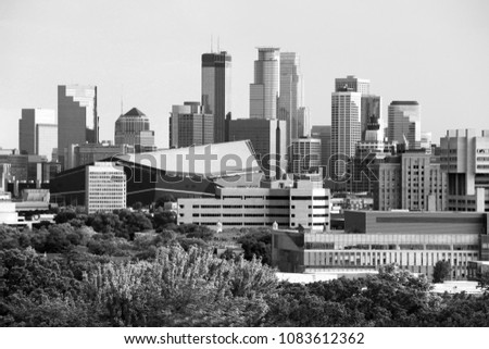 Minneapolis downtown skyline in black and white. Urban city architecture background. Minneapolis downtown skyline seen from the Prospect Park Water Tower. Midwest USA, Minnesota.