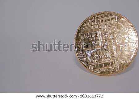 Crypto currency Gold Bitcoin, BTC, Bit Coin. Macro shot of Bitcoin coin isolated on white background with reflection. Blockchain technology, bitcoin mining concept