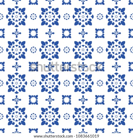 Blue and white ceramic tile seamless pattern. Vintage style porcelain background. Repeat pattern design for ceiling, texture, wall, paper and textile. Vector illustration. 