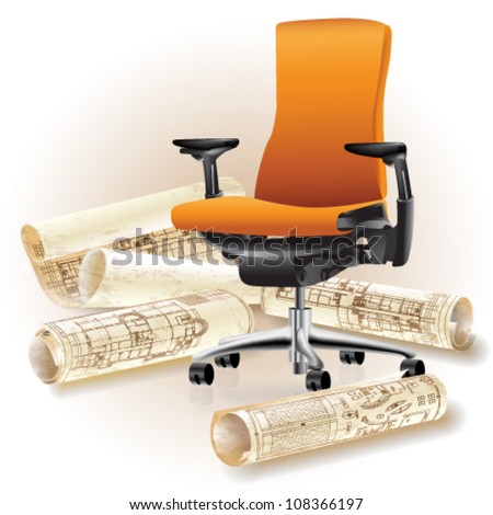 Grunge architectural background with an office chair and rolls of drawings. Vector clip-art