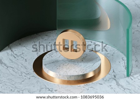 Golden Pause Icon on the Center of White Marble and Green Glass. 3D Illustration of Stylish Golden Audio, Button, Control, Media, Pause Icon Set in the Green Installation.