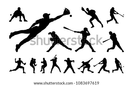Set of Baseball player silhouette vector, Softball silhouette collection