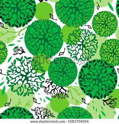 abstract seamless pattern with branches and leaves. Background with green forest. Circles consisting of branches and leaves.