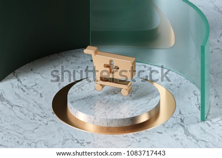 Golden Cart Plus Icon on the Center of White Marble and Green Glass. 3D Illustration of Stylish Golden Add, Cart, Plus, Shopping, Shopping Cart Icon Set in the Green Installation.