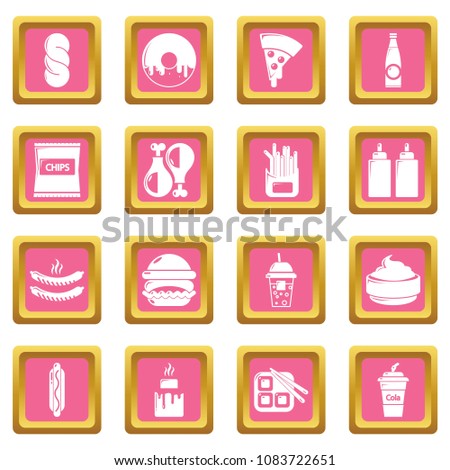 Fast food icons set vector pink square isolated on white background 