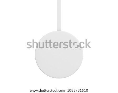 Blank white wobbler hang on wall mock up, 3d illusrtation. Space round paper mockup on plastic transparent strip. Clear price sticker circle shape. Pricing tag label template isolated.