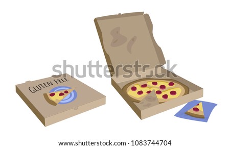 Delivery pizza box with pepperoni slice. Gluten free food. Vector illustration	