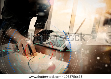 Diagram of digital marketing media (website ad, email, social network, SEO, video, mobile app) and icon.close up of business man hand working on laptop computer with digital layer business graph .