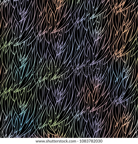 Seamless hand drawn pattern with boho colorful holographic feathers, vector illustration