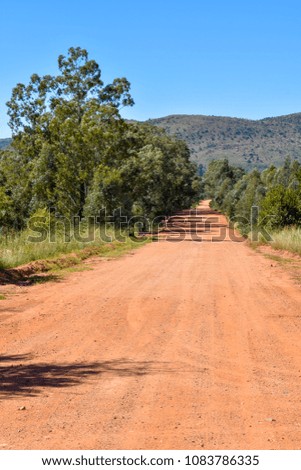 A dirt access road with red soil in an agricultural area leading into the horizon near the Wilge River in the vicinity of Bronkhorstspruit east of Pretoria South Africa