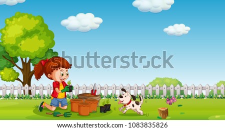 A Girl Planting at Garden with Dog illustration