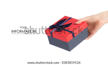 Gift box with a red lid and a blue bow in hand pattern on a white background isolation