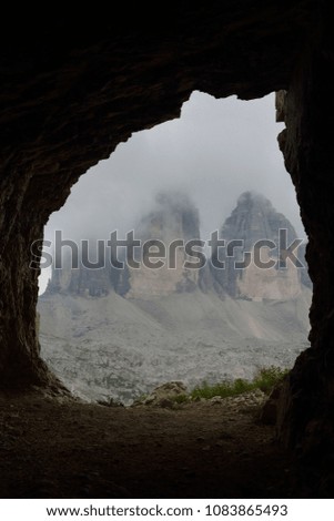 Magnificent mountain landscape from a cave, Tre Cime di Lavaredo, Trentino, Italy