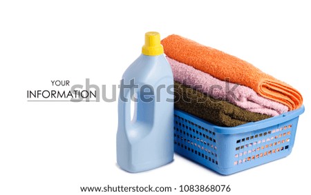Basket with laundry towels bottle liquid powder pattern on white background isolation