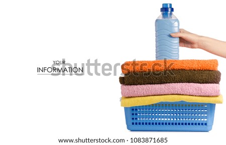 Basket with laundry towels liquid bottle powder conditioner softener in hand pattern on white background isolation