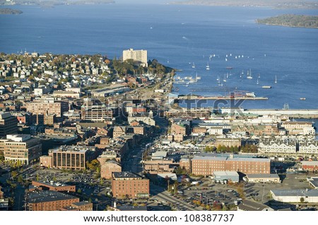 Aerial of downtown Portland, Maine showing Maine Medical Center, Commercial street, Old Port and Back Bay.