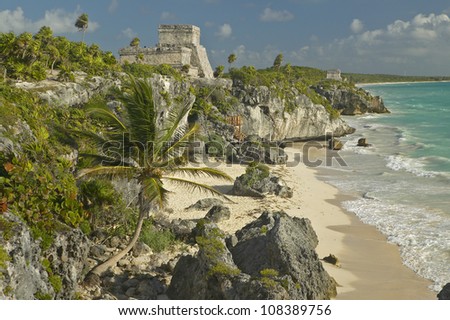 El Castillo is pictured in Mayan ruins of Ruinas de Tulum (Tulum Ruins) in Quintana Roo, Yucatan Peninsula, Mexico.