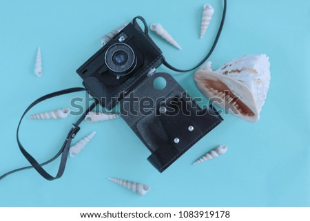 Flat lay traveler accessories on blue background with Seashells, retro camera. Top view travel or vacation concept. Summer background.