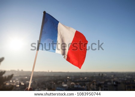 The Flag of France on background of the  view of Paris from Sacre Coeur Basilica in France in  sunset tima