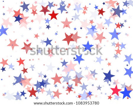 American President Day background with stars.  Holiday confetti in USA flag colors for President Day. Red blue stars flying American patriotic pattern. July 4 stardust elements.