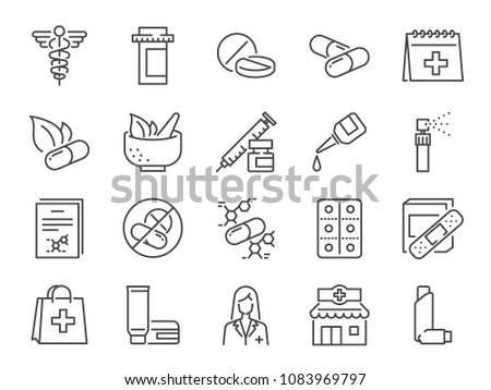 Pharmacy icon set. Included the icons as medical staff, drug, pills, medicine capsule, herbal medicines, pharmacist, drugstore and more Royalty-Free Stock Photo #1083969797