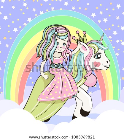 Greeting Card with Cute Cartoon girl and Unicorn
