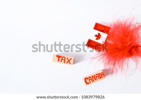 Photo of Tax and Canada's text on the wooden items and decorated by Canada flag and red flur from bird on white background. 