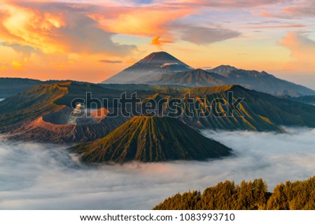 Beautiful sunrise scene at Penanjakan view point. The observation area sightseeing Mount Bromo at Bromo tengger semeru national park.