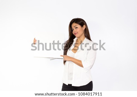 Latina beautiful girl smile while hold a white message billboard white board on white screen background isolated