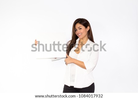 Latina beautiful girl smile while hold a white message billboard white board on white screen background isolated