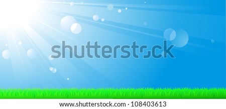natural landscape with morning sky background, bright sun and green lawn