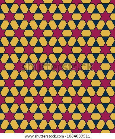 Seamless pattern with stars, triangles and rhombuses. Vector illustration. Red, blue, gold.