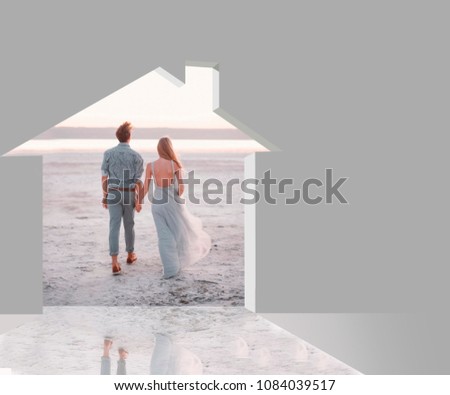 Indoor house through which you see a married couple on the beach - 3d illustrator