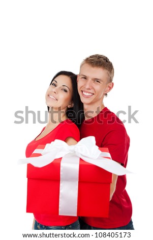 Young happy smile couple, hold gift box, looking at camera, isolated over white background