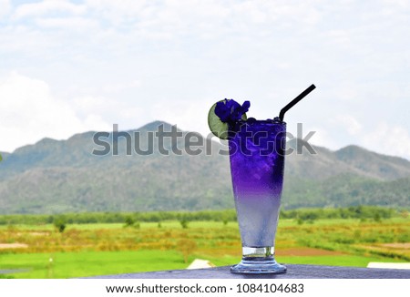 Summer fresh drink concept, close-up butterfly pea lemon soda drink in a clear tall glass on blurry nature background with mountains and rice field with copy space for text