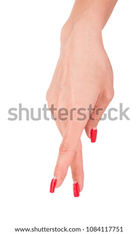 Female hand with red manicure. Beautiful hand. Gesture. Isolated object on white background.