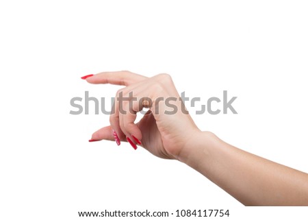 Female hand with red manicure. Beautiful hand. Gesture. Isolated object on white background.