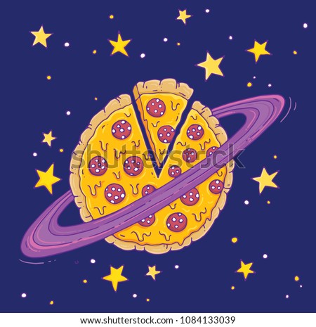 A cartoon pizza planet! Vector illustration.
