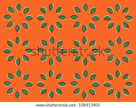 Optical illusion: rotation of circles made from green leaves isolated on orange background