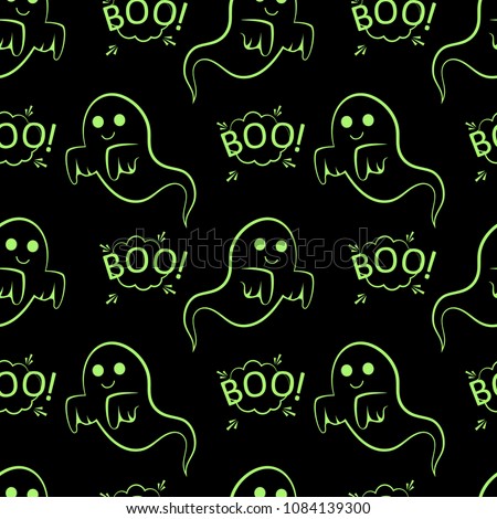 Abstract seamless halloween pattern for girls or boys. Creative vector pattern with ghost, cloud boo. Funny ghost wallpaper for textile and fabric. Fashion halloween style. Colorful bright picture Royalty-Free Stock Photo #1084139300