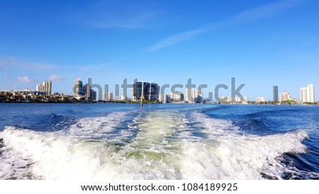 beautiful scene of the city of Miami from a boat in one of the canals