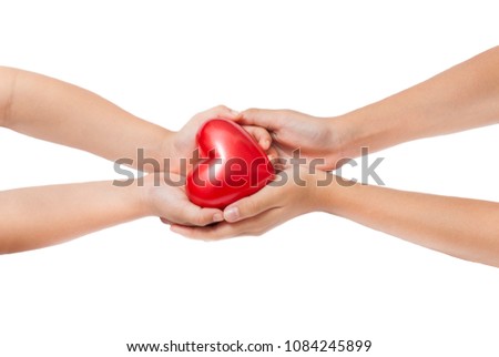 Mother's Day celebration with woman holds young kid's hands supporting red heart gift, and charity donation for nursing children concept.Isolated on white background. Royalty-Free Stock Photo #1084245899