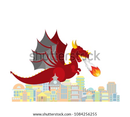 Dragon burns city. Red large mythical monster destroys town.
