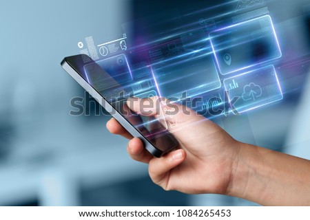 Hand using  phone with database reports and online work concept Royalty-Free Stock Photo #1084265453