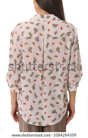 printed summer short sleeve shirt on woman young model close up photo isolated on white back view